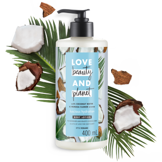 front of pack coconut water & mimosa flower body lotion 400ml